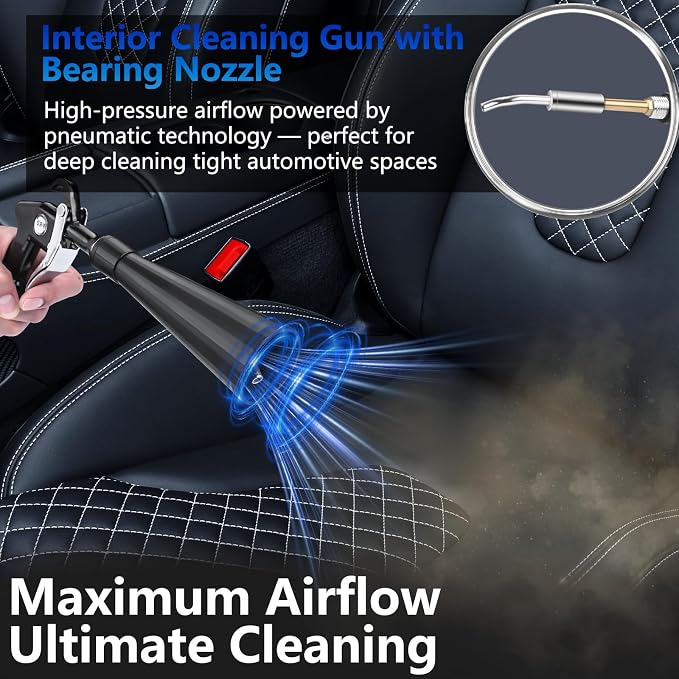 Preciva Tornado Blow Gun, Air Duster for Interior Seats, Headliner, AC Vents, Crevice Cleaning, High-Pressure 60-160PSI (0.6-0.92MPa), 1/4" Quick Connect, Includes 2 Nozzles & 2 Connectors