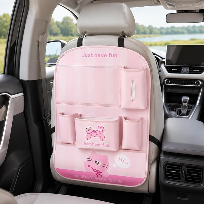 YUNZLAN Leather Backseat Car Organizer, Kick Mats Back Seat Protector with Touch Screen Tablet Holder Back Seat Organizer for Kids with 4 Storage Pockets Travel Accessories (PinkPinkCat)