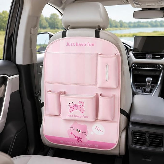 YUNZLAN Leather Backseat Car Organizer, Kick Mats Back Seat Protector with Touch Screen Tablet Holder Back Seat Organizer for Kids with 4 Storage Pockets Travel Accessories (PinkPinkCat)