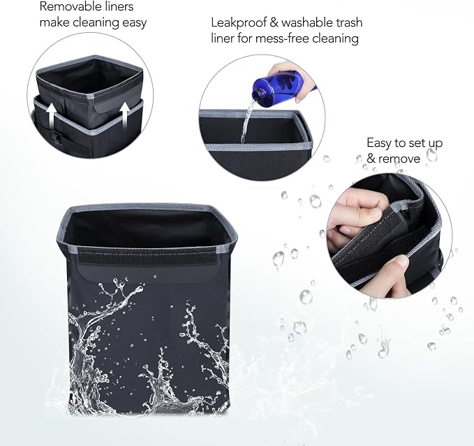 Farasla All-in-One Car Trash Can, Garbage Bag for Car with Removable Leakproof Interior Liner, Adjustable Tissue Holder & Straps(Black)