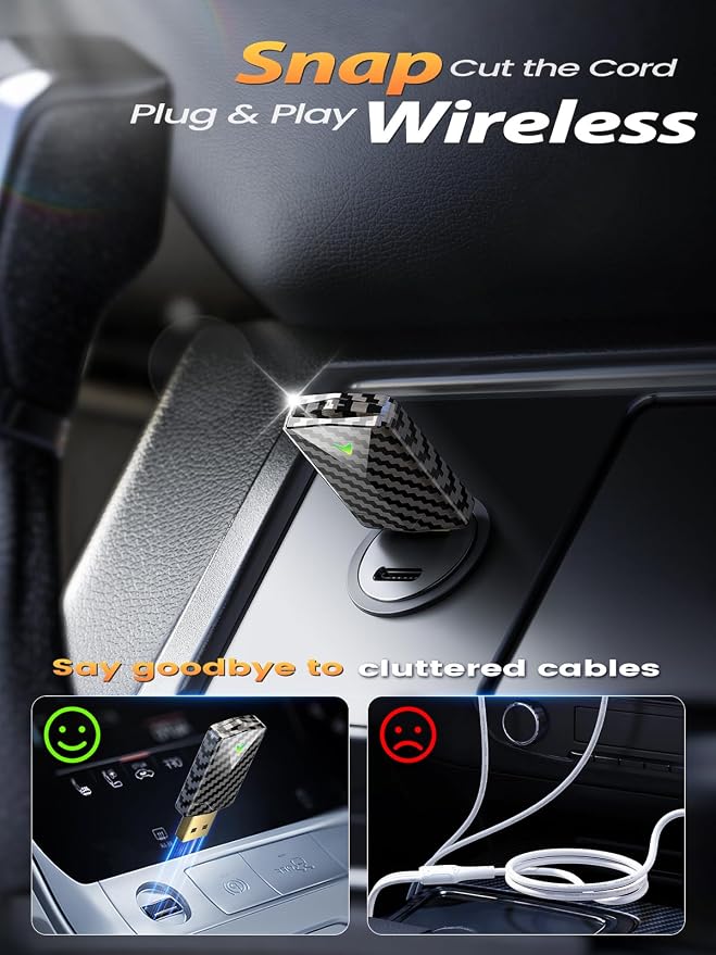 Wireless CarPlay & Android Auto Adapter, Convert Wired to Wireless, Fast Auto Connect and No Lag, Plug & Play USB with Gold-Plated Connector, Carbon Fiber Design, Compatible with iPhone & Android