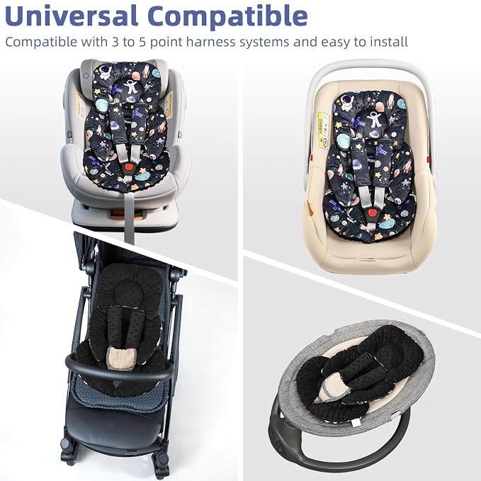 Infant Car Seat Insert Cushion, Baby Car Seat Head Body Support for Girls & Boys, Reversible Newborn Car Seat Insert with 2 Extra Strap Paddings, Premature Car Seat Cushion, Black Space