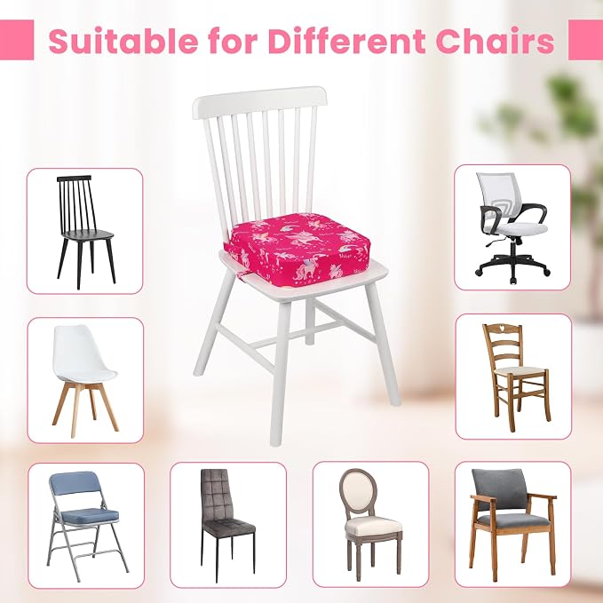 Toddler Booster Seat for Dining Table, 4" Kids Booster Seat for Kitchen Chair with Non-Slip Bottom, Portable Detachable Washable Increasing Cushion with 2 Adjustable Straps (Unicorn)