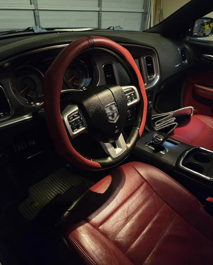 Quick Install Sporty Red Wine Burgundy Perforated Nappa Leather Steering Wheel Cover with Black Top Stripe Universal fit 14.5 to 15 inches Car Sedan SUV Pickup