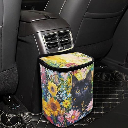 Talayituse Cat Daisy Print Car Trash Can Accessories Organizer Garbage Bag Dustbin Container with Lid Waste Basket Storage Pocket Hanging Large Size Vehicle Trash Bin