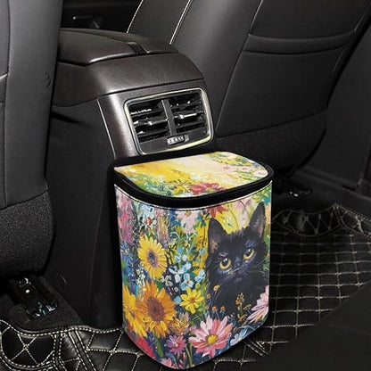 Talayituse Cat Daisy Print Car Trash Can Accessories Organizer Garbage Bag Dustbin Container with Lid Waste Basket Storage Pocket Hanging Large Size Vehicle Trash Bin