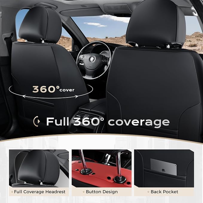Coverado Car Seat Covers Full Set, Seat Covers for Cars, Car Seat Cover, Car Seat Protector, Leather Car Seat Cushion, Waterproof Car Seat Covers Front Seats and Back Fit for Most Cars(Red&Black)