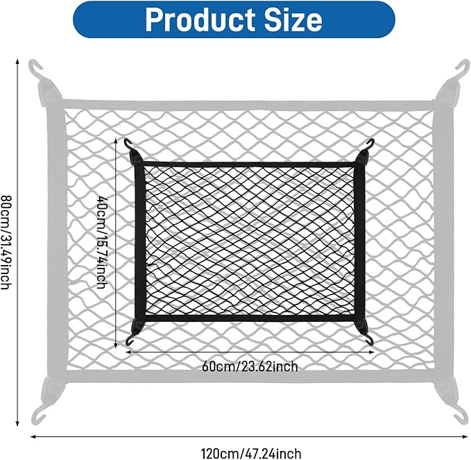Cargo Net 60×40cm, Car Trunk Net Elastic Nylon Baggage, Car Trunk Net with 4 Hooks, Storage Organizer Car Net for Car Boot Vehicle Van SUV(Black)