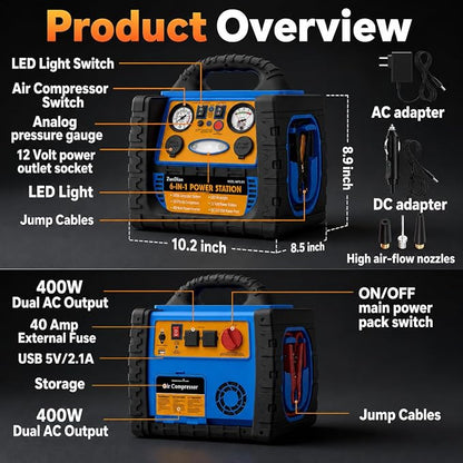 Car Jump Starter with Air Compressor, 2200A Battery Booster Pack for Up to 8.0L Gas & 6.0L Diesel, 150PSI Tire Inflator, 400W Portable Power Station with AC Outlet, 6-in-1 Jump Box for Cars, Trucks
