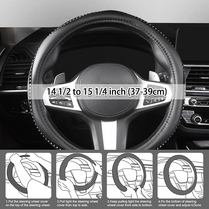 AUTOYOUTH Bling Steering Wheel Cover - Crystal Studded Rhinestone Non-Slip Breathable Design for Women/Girls, Universal Fit 14.5-15 Inch Black