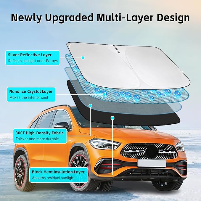 Windshield Sunshade for Mercedes Benz GLA GLA180 GLA200 GLA220 GLA250 2014-2026 Sun Shade 300T Front Window Shade Sun Shield Blocks UV Rays Custom Fit GLA Windshield Cover Foldable Keep Cool
