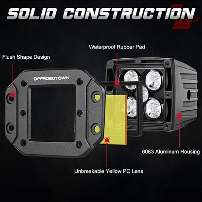 OFFROADTOWN 5 Inch Yellow Flush Mount LED Pods 2PCS 100W CREE LED Light Pods Spot Beam Off Road Driving Lights Fog Lights Reverse Lighting for Truck UTV ATV SUV Honda Chevy Boat