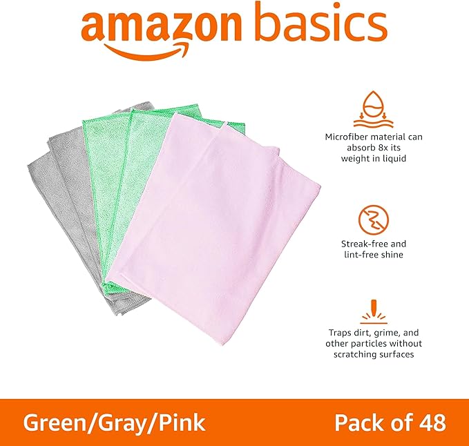 Amazon Basics Microfiber Cleaning Cloths, Ultra Absorbent, Scratch-Free, Non-Abrasive, Reusable and Washable, 16" x 12", Green/Gray/Pink, 48-Pack
