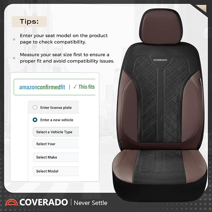 Coverado Seat Covers for Car 5 Seats, Leather Car Seat Covers Fullset, Breathable Mesh Front and Rear Protectors, Coffee Luxury Automotive Covers, Universal Fit for SUV, Truck, Sedan