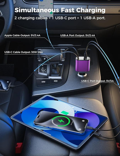SUPERONE 【Upgraded】 Retractable Car Charger 4 in 1, Fast Car Phone Charger with Cord 2.6ft, USB C and Apple Car Charger Adapter, Compatible with iPhone 17/16/15/15 Pro Max/14/13/12/11, Galaxy, Pixel