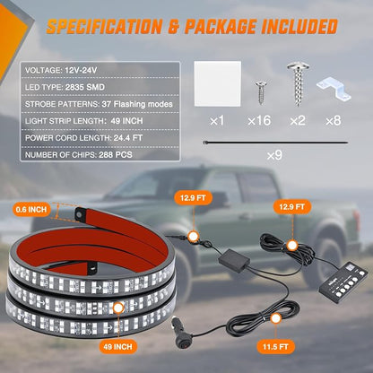 Nilight 49 Inch Emergency Strobe Light Strips with Controller, 288LED Flashing Warning Hazard Safety Rear Window Tailgate Lights for Truck Trailer Construction Plow Pickup Tow SUV Vehicles, Red Blue