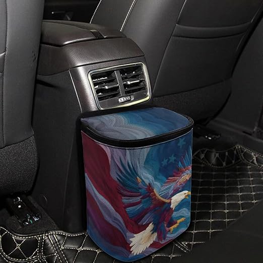 Talayituse Eagle American Flag Print Car Trash Bin, Large Size Auto Trash Can Adjustable Portable Garbage Can with Lid, Vehicle Hanging Bag for Headrest Front Back Seat 4th of July Decor