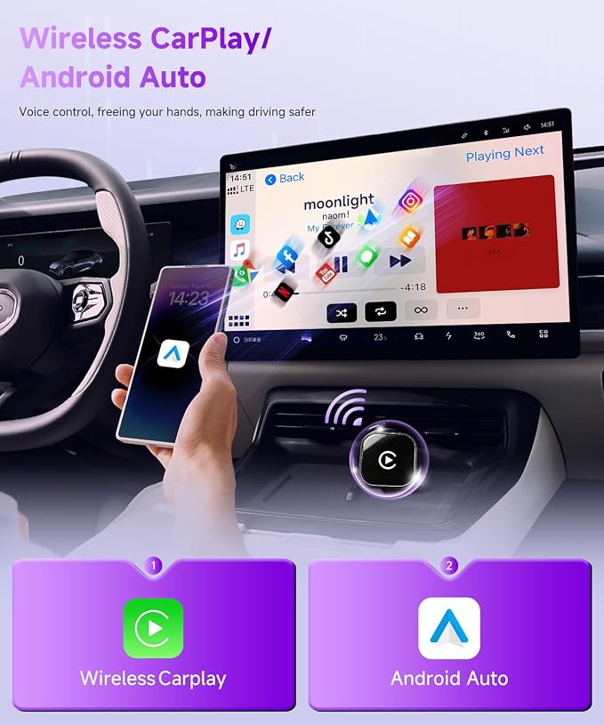 Upgrade 2 in 1 Mini Wireless Car Play Adapter Support Apple CarPlay and Android Auto, Fit for Convert Wired to Wireless, Auto Connect for Daily Commute, Plug and Play Dongle (Black, 2 in 1)