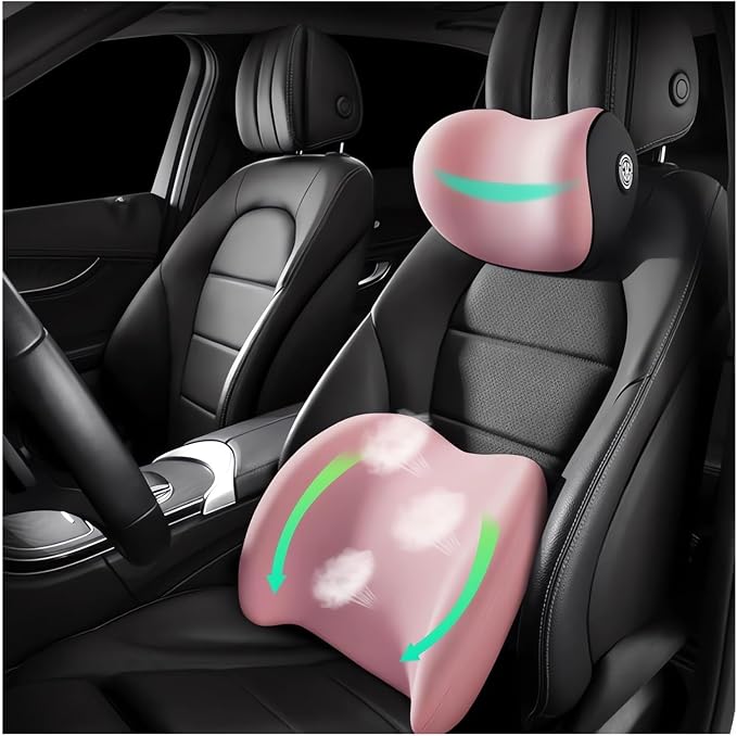 Car Headrest & Lumbar Support Cushion Ergonomic Car Seat Neck Back Rest Pillows Orthopedic Memory Foam Head Rest and Lower Lumbar Support Pillow Set Backrest Driving Seat Office Chair Support (Pink)
