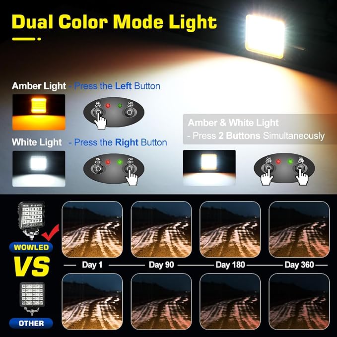 High-end Amber & White LED Pod Lights, 2 Pack 4.5inch Square Light Pods with Wiring Harness, 3 Mode Spot Flood Combo Offroad LED Work Lights 4x4, Strobe Fog Light for Truck Car ATV UTV Boat 12V