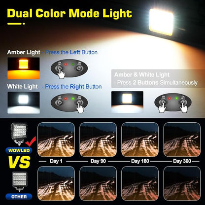 High-end Amber & White LED Pod Lights, 2 Pack 4.5inch Square Light Pods with Wiring Harness, 3 Mode Spot Flood Combo Offroad LED Work Lights 4x4, Strobe Fog Light for Truck Car ATV UTV Boat 12V