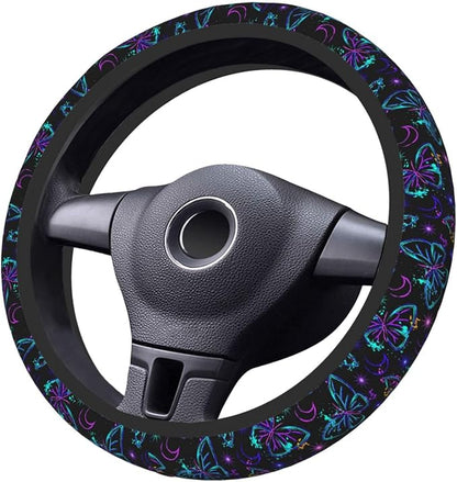 Butterfly Steering Wheel Cover for Women, Universal Auto Steering Wheel 14-15 Inch Car Interior Accessories with 2PCS Car Coasters, Suitable for Men and Women