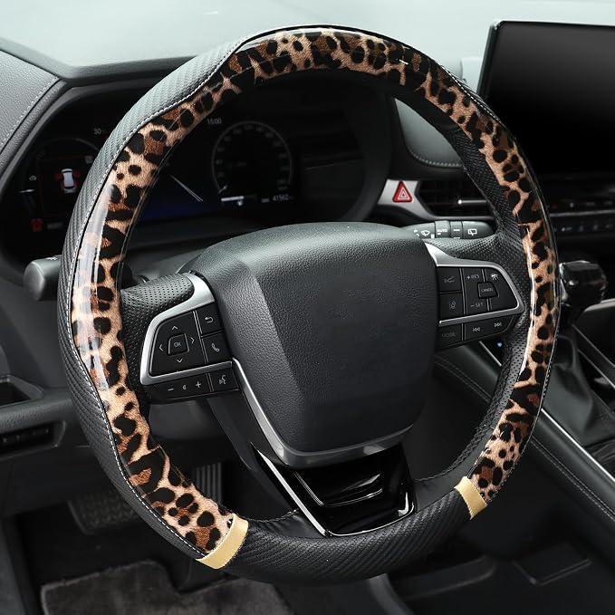 KAFEEK Light Brown Leopard Steering Wheel Cover, 15 inch Carbon Fiber Texture, Coffee Cheetah Pattern, Non-Slip Microfiber Leather, Universal Fit for SUV Sedan
