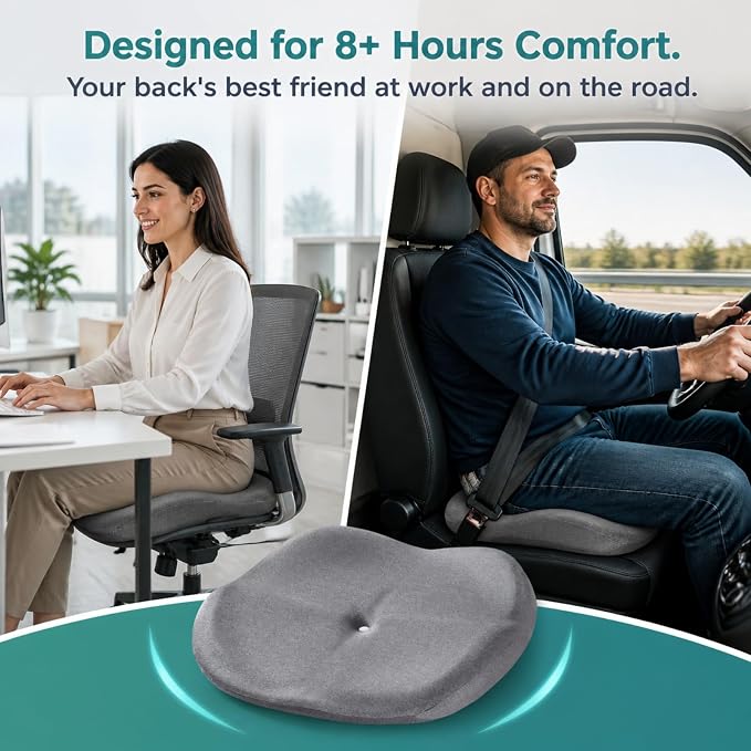 Memory Foam Seat Cushion with Pressure Relief for Office Chair, Car, Wheelchair, and Sofa, Doctor Recommended Orthopedic Cushion for Tailbone Pain, Sciatica, Hip Back Support, Non Slip, Grey
