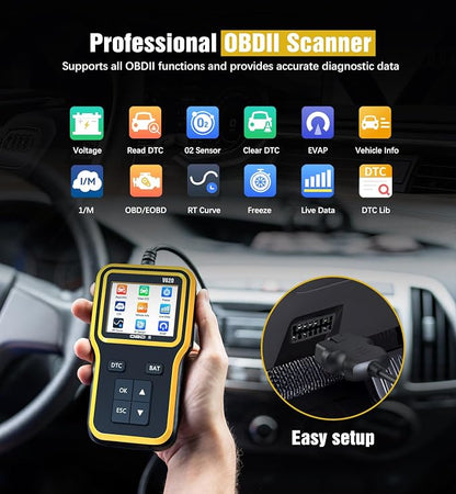 OBD2 Scanner with Upgrade Battery Tester - Diagnostic Tool for Cars That Check Engine Light & Emissions Readiness Read and Clears Vehicle Error Codes for All OBD II Protocol Vehicles Since 1996 Yellow