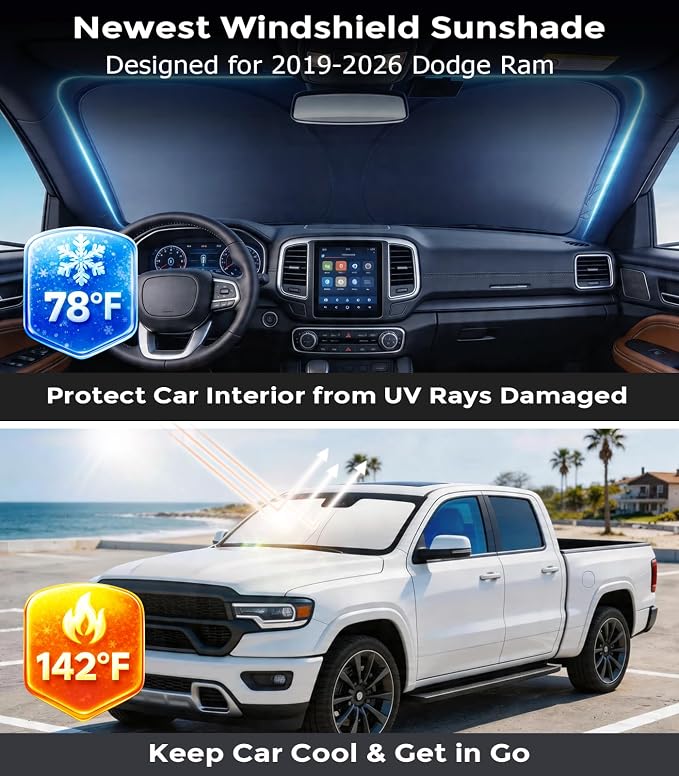 DMJN Front Windshield Sun Shade for Dodge RAM (2019-2026), [Nano Ice-Crystal Coatings] UPF50+ Heat & UV Block, Protect Car Interior & Keep Cool, Flodable Steel-Ring Car Cover for Summer