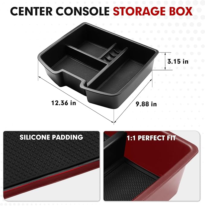 Autorder Center Console Organizer for 2007-2014 Chevrolet Silverado Avalanche Tahoe Suburban 1500 2500 GMC Sierra Yukon XL - Only Fits Floor-Mounted Center Armrest with Black & Red Mats