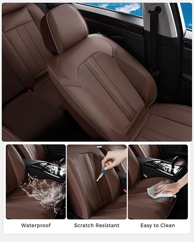 Huidasource Coffee Seat Covers, Luxury Faux Leather Car Seat Cover, Velcro Adjustable, with Airbags, Child Seat, Perforation Cooling＆Heating, Universal Fit for Most Cars, Vans, Trucks, SUVs, Coffee