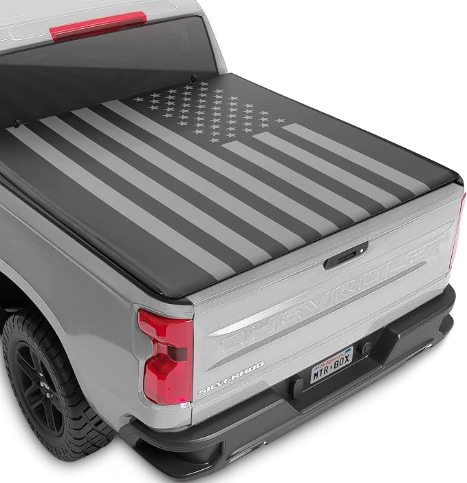MotorBox Soft Roll-Up Truck Tonneau Cover for Chevy Silverado 1500 / GMC Sierra 1500 (2007-2018) with 5.8 ft Bed Length, All-Weather Retractable Truck Bed Cover with Black Flag Graphic, Aluminum