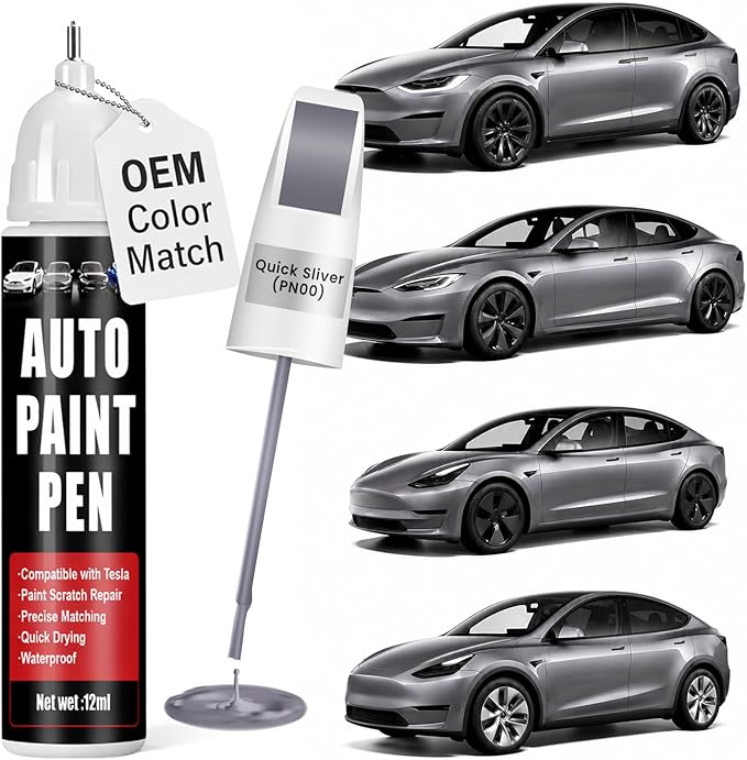 Touch Up Paint for Cars (Quicksilver PN00), Compatible with Tesla Model Y/3, 0.4 fl oz Color Accurate 2-in-1 Car Paint Scratch Repair Pen, Seamless Match, Easy to Use, Long-Lasting