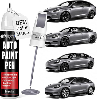 Touch Up Paint for Cars (Quicksilver PN00), Compatible with Tesla Model Y/3, 0.4 fl oz Color Accurate 2-in-1 Car Paint Scratch Repair Pen, Seamless Match, Easy to Use, Long-Lasting