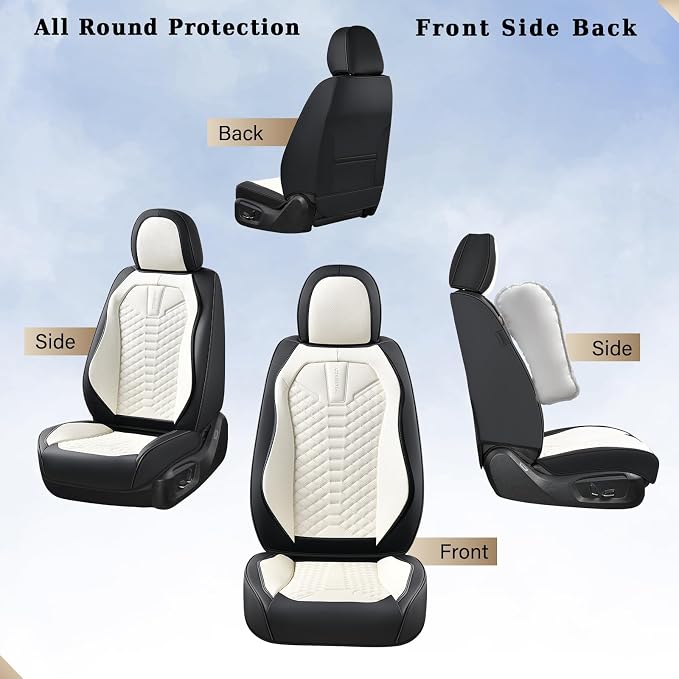 Coverado Leather Seat Covers, Car Seat Covers Full Set, Waterproof Nappa Leather Car Seat Cover, Car Seat Protectors 5 Seats, Black & White Automotive Seat Covers Fit for Most Cars Trucks