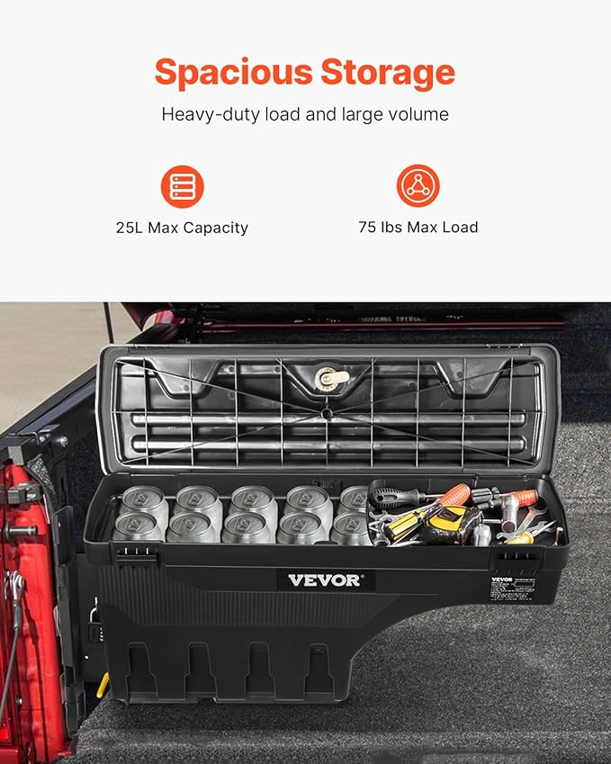 VEVOR Truck Bed Storage Box, Lockable with Password Padlock, 6.6 Gal/25 L ABS Wheel Well Tool Box, Waterproof and Durable, Compatible with Ford F-150 2015-2021, Drivers Side (Left)