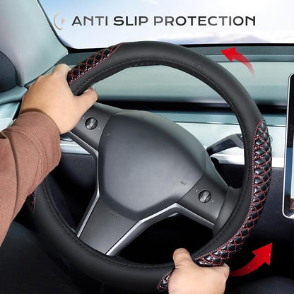 Coverado Nappa Leather Steering Wheel Cover Universal 14-15 Inch Anti-Slip Breathable Steering Wheel Protector Luxury Auto Decor for Men Women Redline