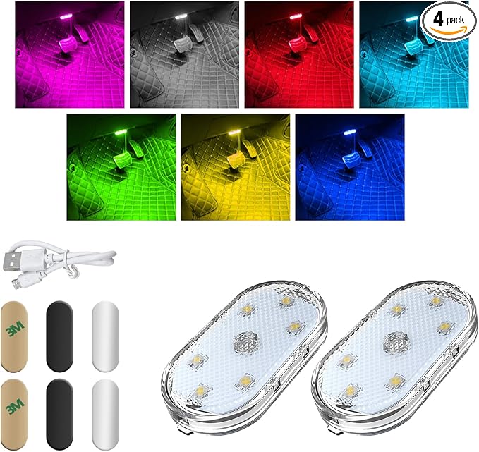 KVAEY 4 PCS Car LED Lights Interior Wireless, 7 Colors Magnetic Auto Ambient Light with 6 Bright LED Lamp Beads, Portable USB Rechargeable Vehicle Interior Led Night Light (Colorful, Magnetic, 2pcs)