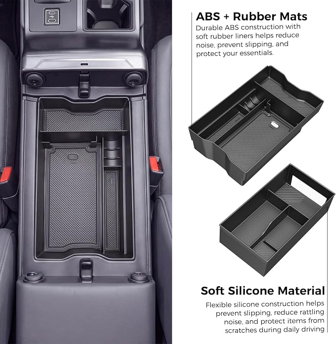 DIAMOOKY Center Console Organizer Compatible with Toyota RAV4 2026 Interior Accessories, Dual-Layer Armrest Storage Box with Lower Silicone Storage Divider Tray & Upper ABS Organizer Insert - 2pcs
