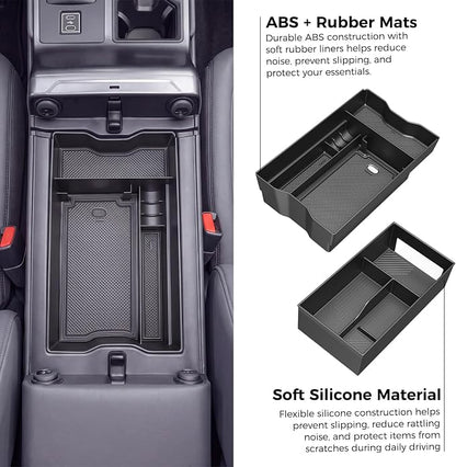 DIAMOOKY Center Console Organizer Compatible with Toyota RAV4 2026 Interior Accessories, Dual-Layer Armrest Storage Box with Lower Silicone Storage Divider Tray & Upper ABS Organizer Insert - 2pcs