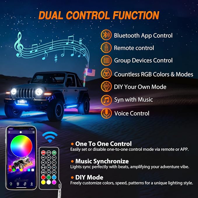 Nilight LED Whip Light 1PC 4FT Spiral RGB Antenna Whips with Spring Base, App/Remote Control DIY Chasing Patterns Brake & Reverse Lights for Side by Side ATV UTV RZR Can-Am Buggy Jeep