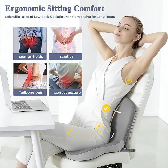 Memory Foam Seat Cushion for Sciatica & Back Pain Relief - Ergonomic Chair Pad with Adjustable Strap & Supportive Comfort Cover, Non-Slip for Car, Truck, Office Chair - Light Gray