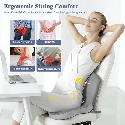 Memory Foam Seat Cushion for Sciatica & Back Pain Relief - Ergonomic Chair Pad with Adjustable Strap & Supportive Comfort Cover, Non-Slip for Car, Truck, Office Chair - Light Gray