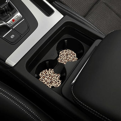 Leopard Cheetah Print Steering Wheel Cover 15 Inch + 2pc car Coasters | Universal Anti-Slip Breathable Animal Print Matching Set for Men Women