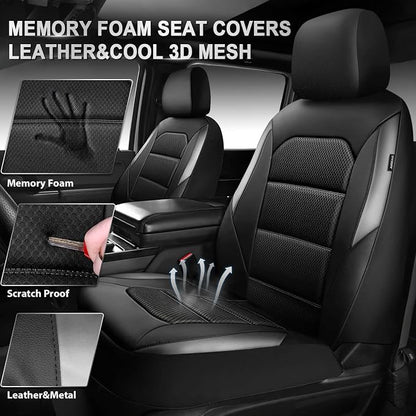 CAR PASS Memory Foam Car Seat Covers,Air Cool Mesh Thick Seat Covers Front Seats,Gray Metal Film Leather Seat Cover for Car,Universal Automotive Comfort for Most Car,Truck,Airbag Compatible,Black/Grey