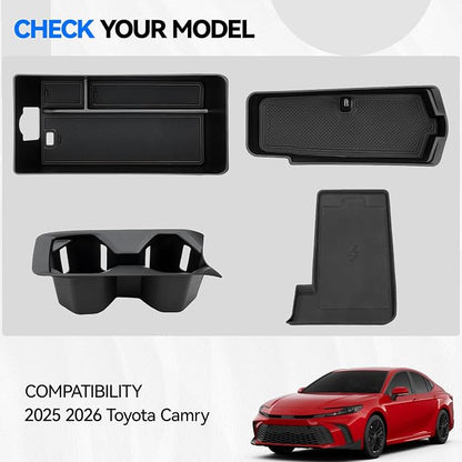 ELECFRESH 4PCS Center Console Organizer Tray for 2025 2026 Toyota Camry Accessories, Armrest Storage Box, Cup Holder, Wireless Charging Mat for Toyota Camry