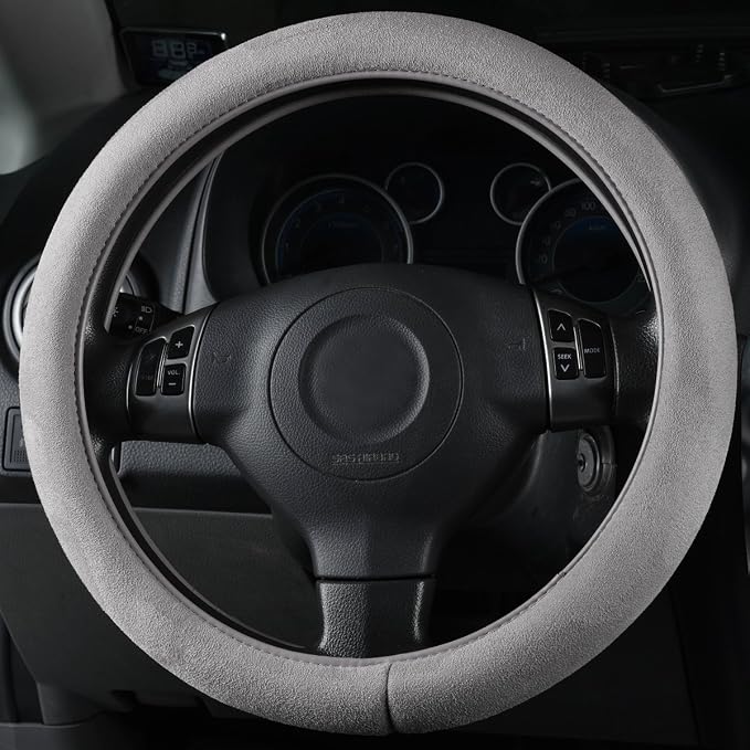 CAR PASS Car Steering Wheel Cover,14.5-15 Inch Gray Faux Suede Universal Memory Foam Auto Steering Wheel Covers Breathable Anti-Slip Odorless Steering Wheels Accessories for Men Women
