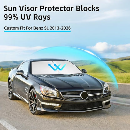 Windshield Sun Shade for Mercedes Benz SL SL400, SL450, SL500, SL55, SL63, SL65, SLK300, SLC300 2013-2026 300T Windshield Cover Blocks UV Rays Custom Fit Front Window Shade Foldable Keep Cool