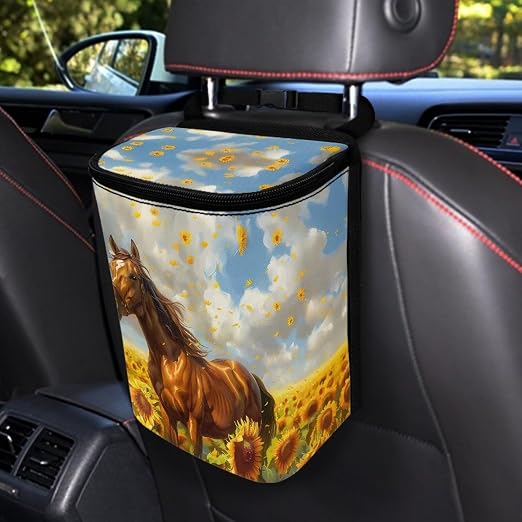 Talayituse Horse Sunflower Print Car Trash Can, Portable Auto Garbage Bin Multifunctional Vehicle Interior Accessories with Adjustable Straps Universal Fit Truck SUV Sedan